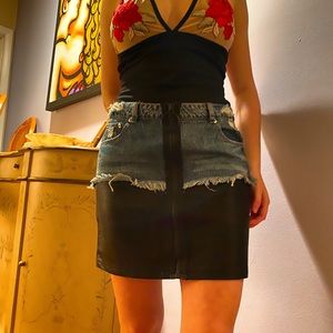 Denim & leather skirt